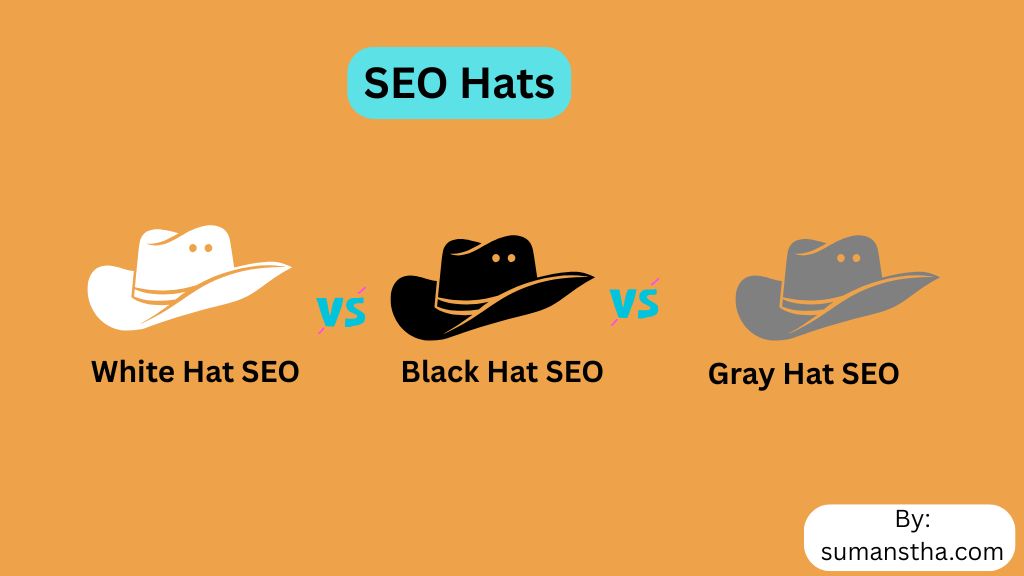 Cover of SEO Hats such as White Hat vs Black Hat SEO and Gary Hat SEO by Suman Shrestha