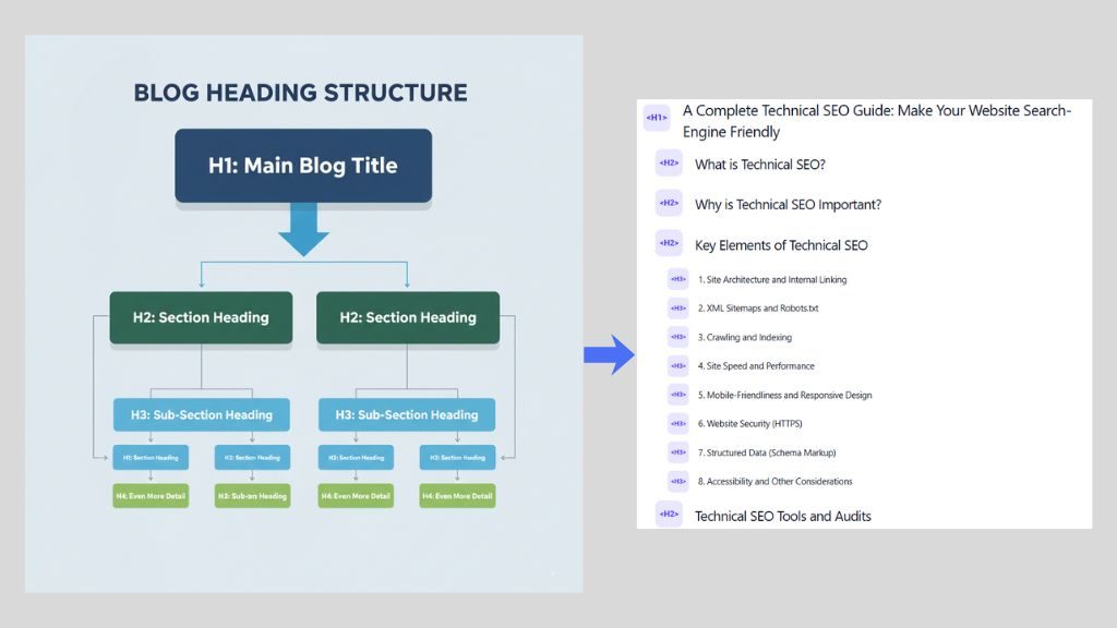 Heading Structure of technical SEO guide by Suman.