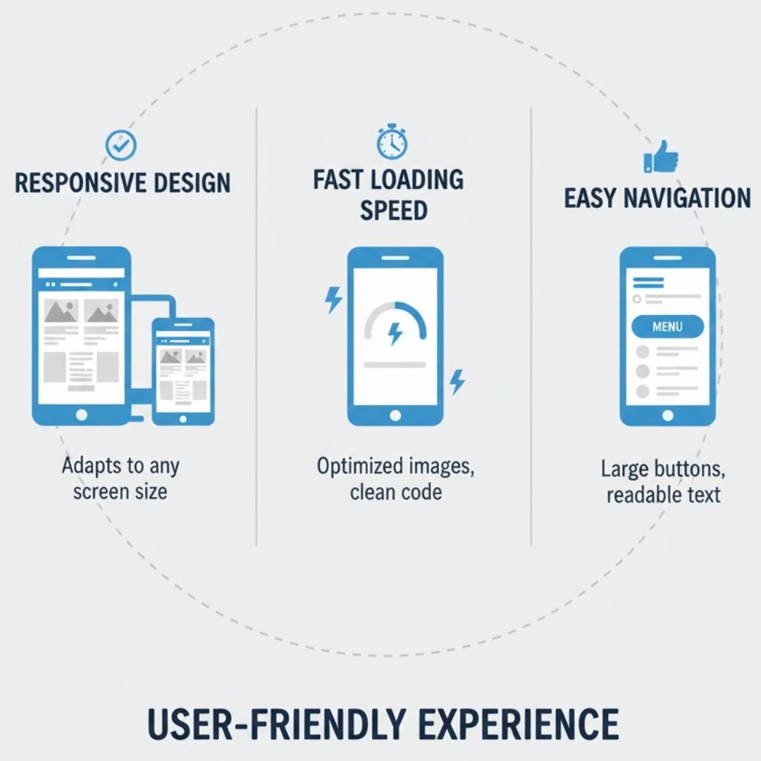 Mobile Optimization for user friendly experience (Responsive design, fast loading, easy navigation).