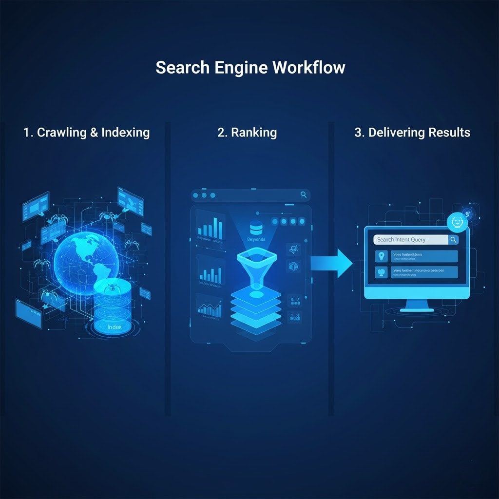 Search Engine Workflow where includes crawling and indexing, ranking, and delivering results.
