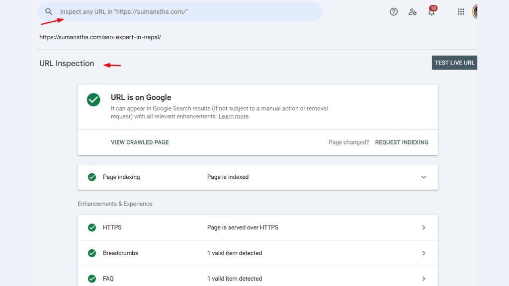 Use GSC URL insfection tool to know about page and content indexing.