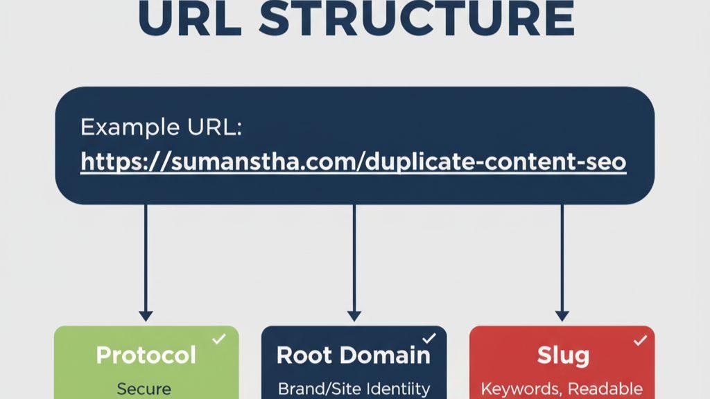 URL structure divided into different category such as protocal, root domain, slug etc.