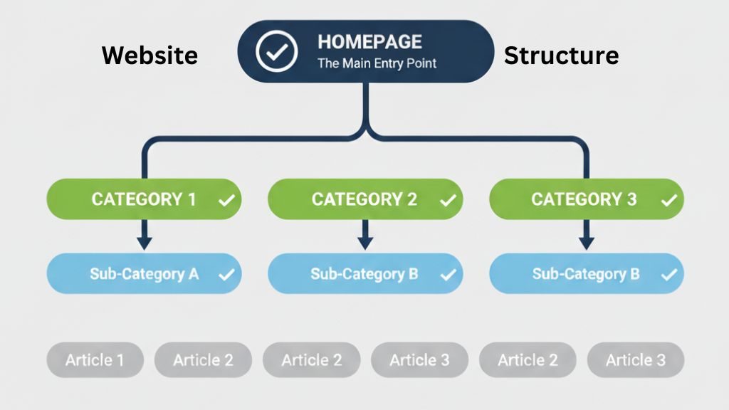 Creating site architecture from home page to article or blog content.