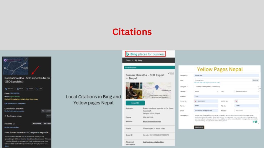 Creating local citation in GBP, Bing place, Yellow page site, etc.
