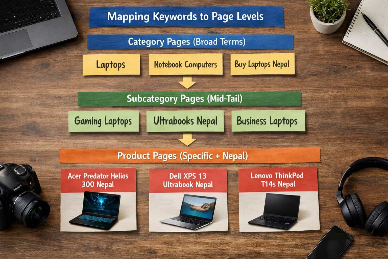 Maping keywords to three levels, category pages (broad terms), subcategory pages (mid-tail), and product pages (specific model Nepal).